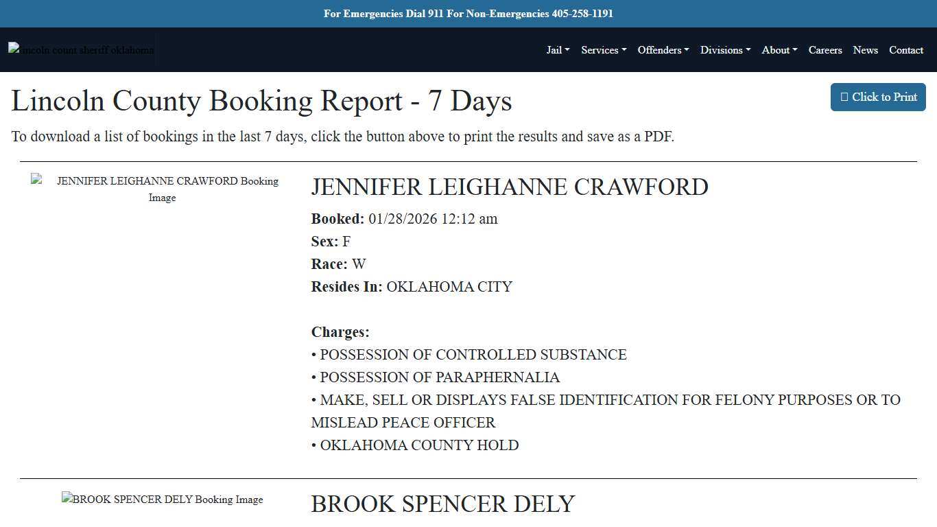 7 Day Booking Report Lincoln County Sheriff's Office